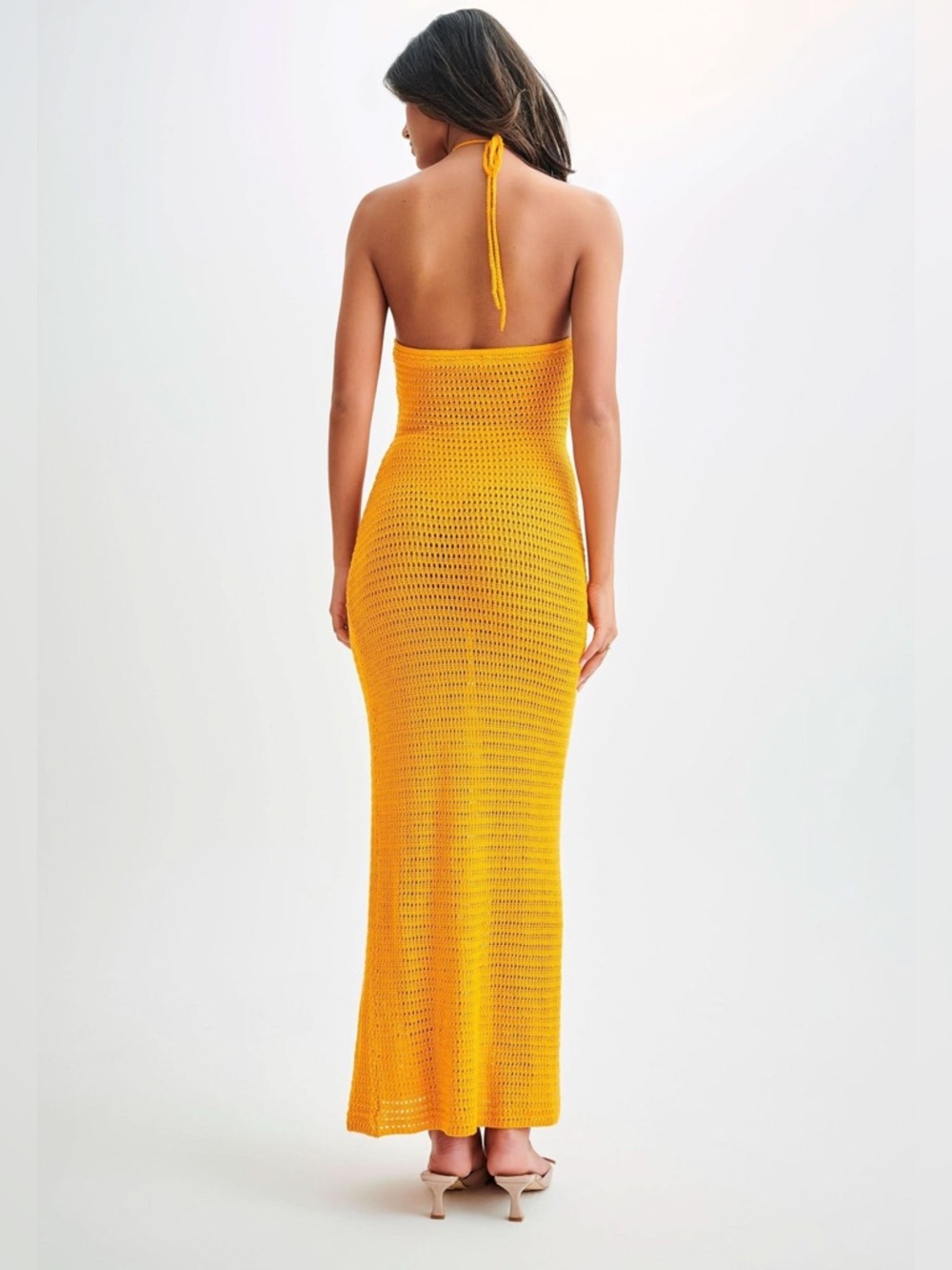 Meshki Kyla Crochet orange Halter Maxi Dress Sz small Floral Applique boho - Picture 6 of 13